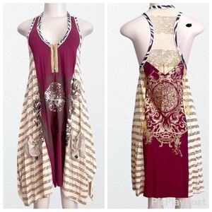 Seven Waves Mixed Media Artsy Mini Sequin Beach Dress Cream Red Metallics SZ M